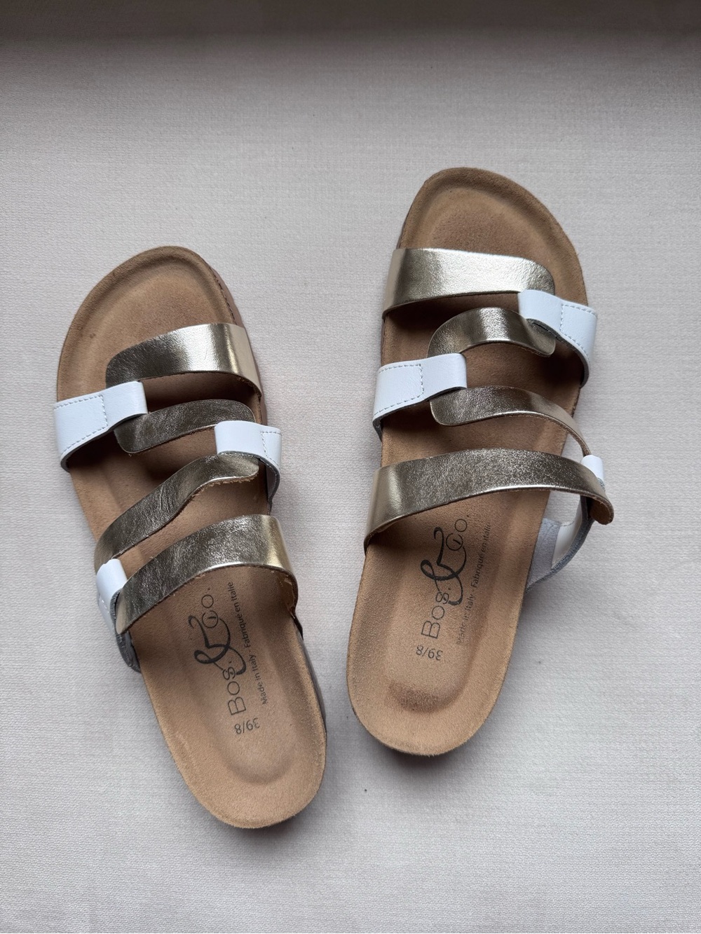 Bos. & Co. Metallic Gold and White Triple-Strap Slide Sandals